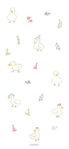 some birds and flowers on a white background