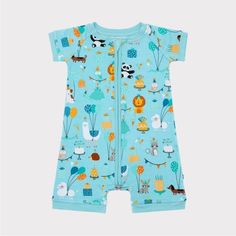 Blue Party Animals Shorty Romper Littlesleepies Buttery Soft, Stretchy Custom-Milled Lunaluxe Playful Summer Sleepwear With Cartoon Print, Playful Cartoon Print Summer Sleepwear, Playful Cartoon Print Onesie For Sleepovers, Playful Cartoon Print Onesie For Bedtime, Playful Summer Sleepwear With Character Print, Blue Fun Cartoon Print Sleepwear, Blue Cartoon Print Fun Sleepwear, Playful Blue Sleepwear For Spring, Fun Blue Sleepwear