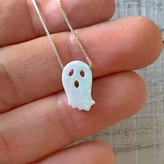 "Ghost Opal Necklace/Boo Pendant/Halloween Jewelry/Birthday/Jewellery for Kids and Adults/Autumn/Thanksgiving/Holiday Gift Ideas/Spooky ** SHIPS OUT IN 1 BUSINESS DAY!! ** F E A T U R E S: - Adorable little Ghost Charm that will come on a Sterling Silver or 14k Gold Filled Box Chain. - Charm measures approx. 14.1mm x 8.6mm - Authentic Lab Created Opal (not Imitation) ** Choose your desired chain length from the drop down menu. If you are unsure of your chain size, please measure around your neck Necklace Length Guide, Jewelry Cleaning Solution, Autumn Thanksgiving, Holiday Gift Ideas, Thanksgiving Holiday, Jewelry Birthday, Halloween Jewelry, Premium Gift, Holidays Thanksgiving