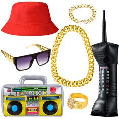 PRICES MAY VARY. ★【80s/90s Party Supplies】- Our hip hop costume kit includes 1 piece red bucket hat, 1piece 35 inch fake gold plastic chain, 1 piece faux gold bracelet, 1 piece gold dollar sign finger ring, 1 piece unisex hip hop sunglasses, 1 piece inflatable boom box, 1 piece radio mobile phones, our 80s/90s rapper style is the wonderful choice for your hip-hop party. ★【Faux Plastic Gold Necklace】- The rapper chain is made of safe plastic, skin-friendly, not easy to fade, highly polished and s 90 Rapper Costume, 90s Hip Hop Couple Costume Ideas, 90s Rapper Theme Party, Hip Hop Hat With Curved Visor And Letter Print, 90s Hats Hip Hop, 90s Costumes, Hip Hop Party Theme, 80s 90s Party, Hip Hop Sunglasses