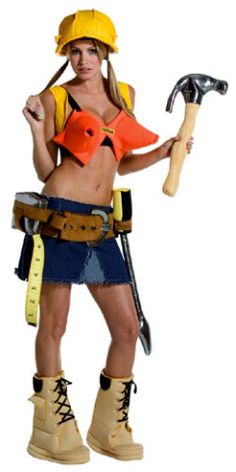 a woman dressed as a construction worker holding a hammer and an orange helmet on her head