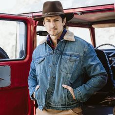 Like all of our outerwear, this rugged denim jacket is fit for the frontier. Crafted from durable, high-quality 100% cotton denim, it features a faux sherpa lined collar and body and nylon-lined sleeves. Additional details include straight front and back yokes, one-point curved pocket flaps and welt hand pockets. Stetson logo buttons and rivets are featured on the button front, cuffs and adjustable side tabs—a sign of quality you can rely on. Faux Sherpa Lined Body & Collar Nylon Lined Sleeves S Denim Sherpa Jacket, Mens Outerwear Jacket, Outdoor Hats, Casual Bottoms, Denim Outerwear, Embroidered Leather, Leather Hats, Sherpa Jacket, Sherpa Lined