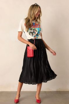 Try And Try Again Black Pleated Midi Skirt Chiffon Skirt Outfit, Date With Friends, Black Pleated Midi Skirt, Pink Tulle Skirt, Faux Leather Midi Skirt, White Midi Skirt, Lunch Date, Leather Midi Skirt, Pink Tulle