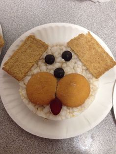 a paper plate topped with rice and dog face