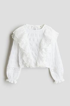 Blouse in soft seersucker made from a cotton blend. Round neckline  double flounces in lace at front  and a keyhole opening at back with button. Long sleeves with a lace insert and ruffled cuffs with narrow elastic. School Uniform Shoes, Cotton Plant, Stylish Pants, Lace Insert, Swimwear Girls, Set Outfit, Girls Clothes, Maternity Wear, Lace Blouse