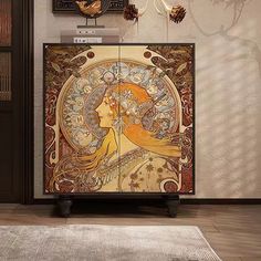 an art deco cabinet in the corner of a room