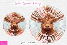 a cow with flowers on its head and the words wind spiner design in front of it