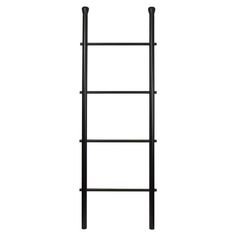 a tall black shelf with three shelves on each side and two poles at the top