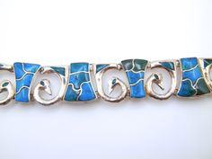 "950 Silver Turquoise Bracelet Bracelet measures 7\" or 18 cm in length Measures approximately 7/8\" or 2 cm in width Fastens with a box clasp and safety in good working condition Stamped \"950\" and hallmark from the maker - picture 4 Good vintage condition - no major flaws to note Total weight: 51.9 grams 0119-4712 or RL-269 FEEL FREE TO MESSAGE ME WITH A BEST OFFER OR IF YOU WISH TO SEE MORE PICTURES! Save money! We combine shipping where you pay only $1.00 more for any additional items on th Elegant Turquoise Bracelet With Inlay, Elegant Turquoise Inlay Bracelet, Blue Inlay Bracelet Jewelry, Blue Inlay Bracelet, Old Keys, Wide Bracelet, Box Clasp, Boho Gifts, Green Turquoise