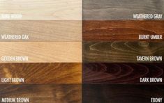 the different types of wood are shown in this image, including dark brown, light brown, and medium brown