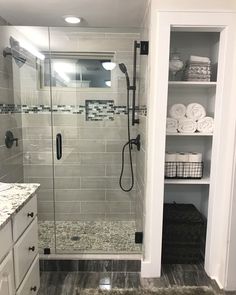 a walk in shower sitting next to a bathroom sink