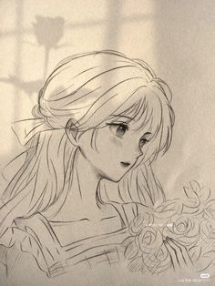 a drawing of a girl with long hair holding a bouquet of flowers in her hand