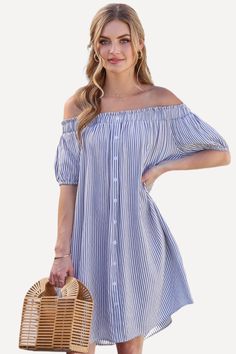 This off-shoulder striped dress is the perfect choice for a summer day. It is made of a lightweight, breathable woven fabric and features short puff sleeves, an elastic/off-shoulder neckline, and a straight cut for a comfortable and flattering fit. Whether you’re headed to a picnic or a night out, this dress will have you looking great. Elastic neckline Short puff sleeves with elastic cuffs Front button placket Side pockets Soft rayon fabric By Ninexis Size Guide Relaxed fit The model is wearing a size Small Off-shoulder Mini Dress For Beach, Casual Off Shoulder Beach Dress, Chic Off Shoulder Knee-length Dress For Day Out, Casual Off Shoulder Summer Dress For Vacation, Striped Knee-length Mini Dress For Vacation, Summer Beach Dresses With Vertical Stripes, Chic Knee-length Off Shoulder Dress For Day Out, Chic Off-shoulder Knee-length Dress For Day Out, Summer Vacation Off Shoulder Dress