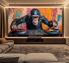 a painting of a monkey with headphones and dj's turntables in front of it