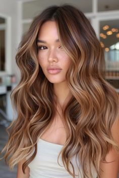 37 Stunning Caramel Brown Hair Ideas to Sweeten Your Look Brown Blonde Caramel Hair, Hair Colour Caramel Brown, Long Caramel Balayage, Copper Hair Honey Highlights, Bronde Balayage With Copper Tones, Light Chocolate Brown Hair Highlights, Honey Highlights On Auburn Hair, Caramel Brown Blonde Highlights, Copper Chestnut Hair Color