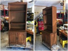 two pictures of an old wooden bookcase in the process of being refinished