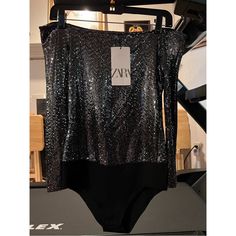 Brand New With Tag Zara Black Multi Shiny Sparkly Glitter Bodysuit Off-The-Shoulder Glamorous Bodysuit For Evening Party Season, Elegant Off-shoulder Party Bodysuit, Stretch Off-shoulder Evening Bodysuit, Stretch Off-shoulder Bodysuit For Evening, Glamorous Metallic Bodysuit For Night Out, Zara Black Evening Bodysuit, Black Sequin Bodysuit For Party, Chic Sequined Bodysuit For Evening, Shimmer Stretch Bodysuit For Party