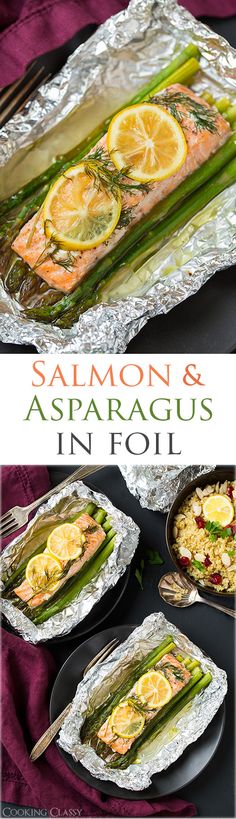 salmon and asparagus in foil with lemons