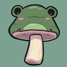 a cartoon frog sticking its tongue out and looking at the camera while sitting on top of a mushroom