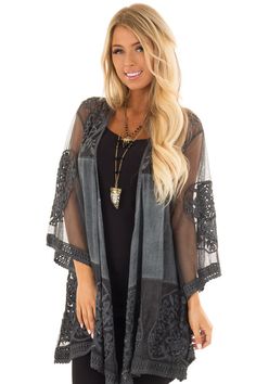 Steel Blue Sheer Kimono with Crochet Detail Sheer Kimono Outfit, Kimono Outfit, Sheer Kimono, Steel Detail, Crochet Details, Steel Blue