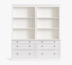 two white bookcases with drawers on each side