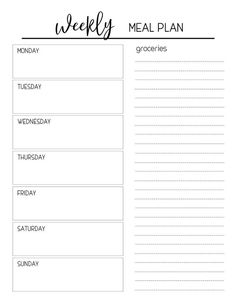 the weekly meal plan is shown in black and white, with lines on each side