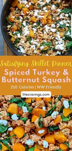 a skillet filled with sliced turkey and butternut squash, topped with feta cheese