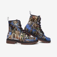 The Last Judgement Pastel Boots, The Famous Renaissance art Painting in the Sistine chapel by Renaissance artist Michelangelo Vegan Leather Shoes For Sale, a beautiful pair of vegan leather boots printed over with "The Last Judgement " by Renaissance artist Michelangelo .  "All over Print design twisted out of shape for better representation". * Made of Vegan Leather. * Lace-up combat boot featuring rubber sole. * Padded collar for added comfort, wearing soft and comfortable. * Wide Fit * Perfect for everyday wearing and to show a unique sense of style. Our Shoes is Made to Order and well-crafted by our manufacturer.  Please read attached Picture for Size Guide carefully Before buying** * US Delivery Time: 2 - 3 Weeks * International Delivery Time: 2 - 4 Weeks Tracking: We will email track Pastel Boots, The Last Judgement, The Sistine Chapel, All Over Print Design, Over Print Design, Vegan Leather Boots, The Last, Sistine Chapel, Lace Up Combat Boots