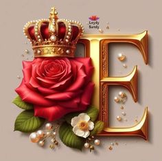 the letter e with a crown on top of it and flowers in front of it