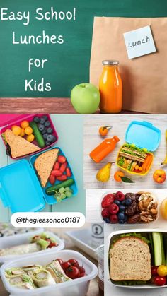 lunches for kids with the words easy school lunches for kids on them and pictures of food in plastic containers