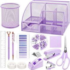 purple office supplies including scissors, pencils, and other items on a white background