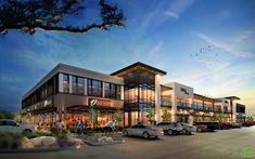 an artist's rendering of the exterior of a retail center at dusk with cars parked in front