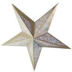 an origami star with swirls and scrolls on the side, hanging from a string