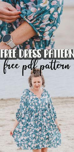 a woman standing on the beach with text overlay that reads free dress pattern for women