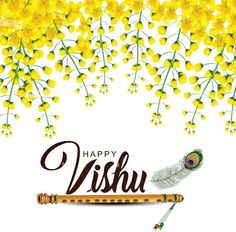 happy vishu with yellow flowers and feathers