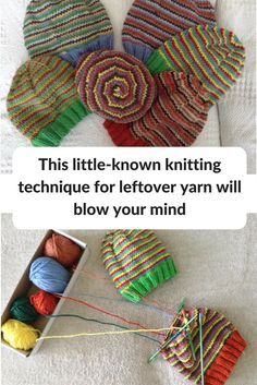 knitted mitts and yarn in a box with text overlay that reads, this little - known knitting technique for leftover yarn will blow your mind