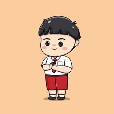 a cartoon boy with black hair and red shorts