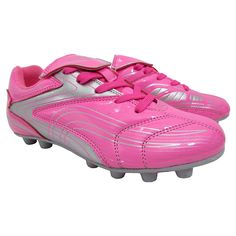 a pink soccer shoe with silver trims on the bottom and side, in front of a white background