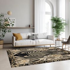 a living room with a couch, chair and rug in front of a large window