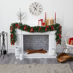 a fireplace decorated for christmas with candles and presents