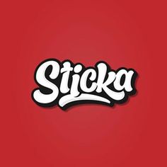 the word sticka written in white on a red background with black and white lettering