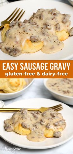 an easy sausage gravy is served on two plates