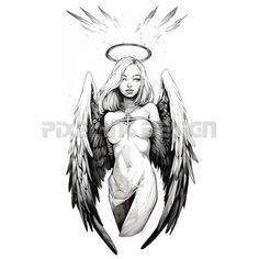 an angel with wings and halo on her chest is shown in black and white ink