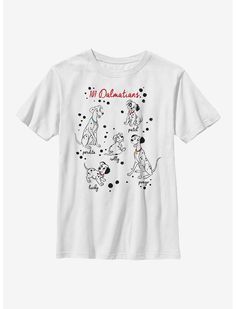 a white t - shirt with dogs on it and the words, my dalmatian is