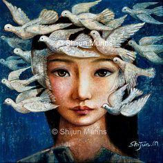 a painting of a woman with birds on her head and the words, she is surrounded by white doves