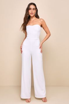 White Jumpsuit Outfit, Heavenly Aesthetic, Lulu Pants, Engagement Party Dresses, Recruitment Outfits, Bridal Jumpsuit, Lulu Fashion, Jumpsuit Outfit, Strapless Jumpsuit