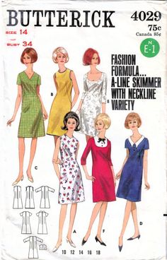 BUTTERICK 4029: Use this mid-1960s vintage sewing pattern for misses to sew a versatile A-line dress with neckline and sleeve variations. SIZE INFORMATION: Choose from the following pattern sizes: Misses Size 10 Bust 31 inches Waist 24 inches Hip 33 inches PATTERN CONDITION: COMPLETE, USED (instructions and all pattern pieces (cut and in very good to excellent used condition)) Misses Size 14 Bust 34 inches Waist 26 inches Hip 36 inches PATTERN CONDITION: COMPLETE, USED (instructions and all patt Chelsea Collar, Easy Dress, Butterick Sewing Pattern, Jewel Neckline, Couture Vintage, Sewing Pattern Sizes, 1960s Fashion, 60s Fashion, Fashion Plates