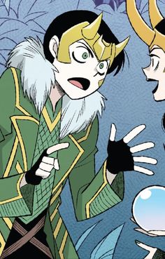 an animated image of loki and loki in front of two other characters, one pointing at the