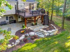 an aerial view of a home with landscaping and patio area in the foreground, surrounded by trees