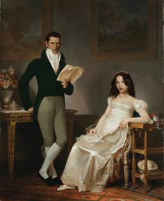 a painting of a man standing next to a woman in a white dress holding a book